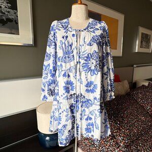 Farm Rio Flowerful Birds Off-White Blue Cotton Minidress 100% Cotton NWT XS